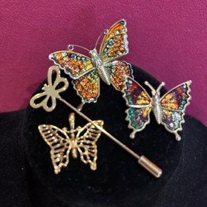 Butterfly Enamel Sparkly Brass Pins & Gold Ton Stick Pin and Filigree Pendant –